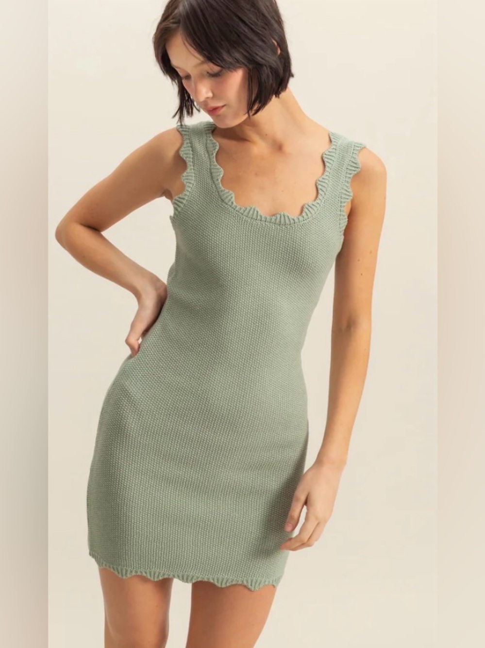 Knit Ruffle Tank Dress in Sage Green